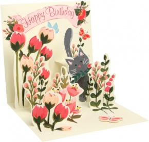 Popshots képeslap, négyzet, cica virágokkal, Happy Birthday, Botanical Cat