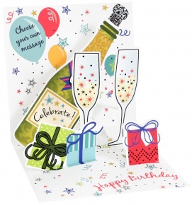 Popshots képeslap, négyzet, pezsgősüveg poharakkal, Celebration